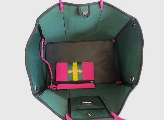 the Aniella Neoprene Tote - Fuchsia with Gold Bee