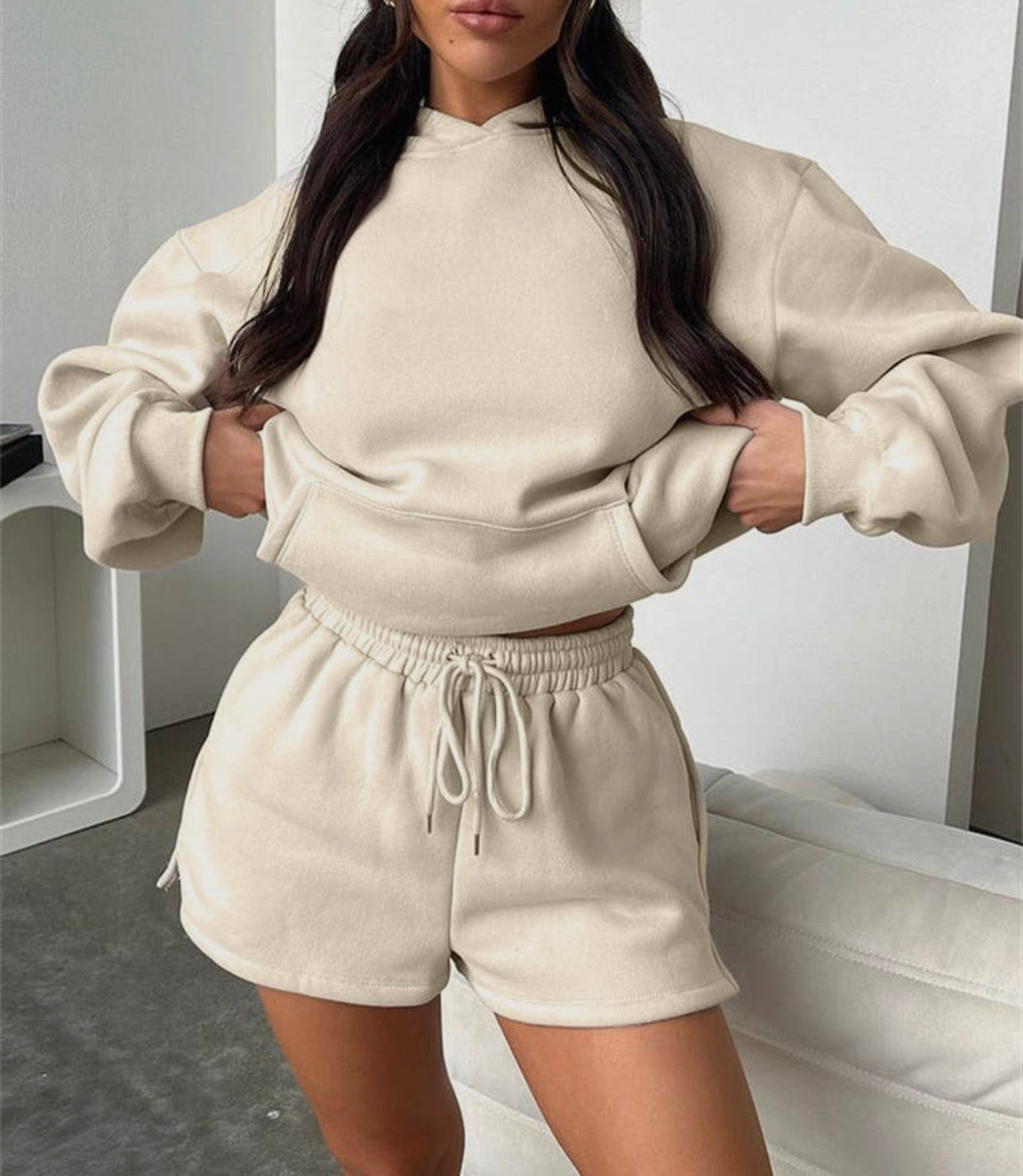 Basic Pocket Hoodie & Drawstring Short Set