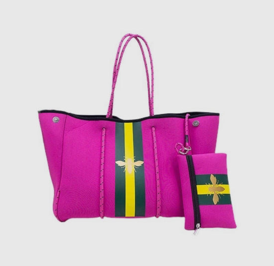 the Aniella Neoprene Tote - Fuchsia with Gold Bee