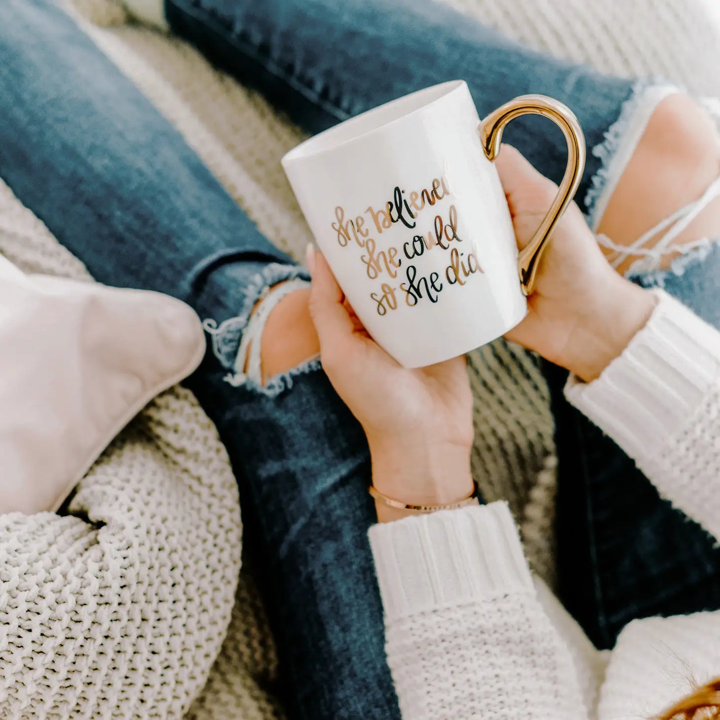 SHE BELIEVED SHE COULD SO SHE DID -GOLD COFFEE MUG - 16 OZ