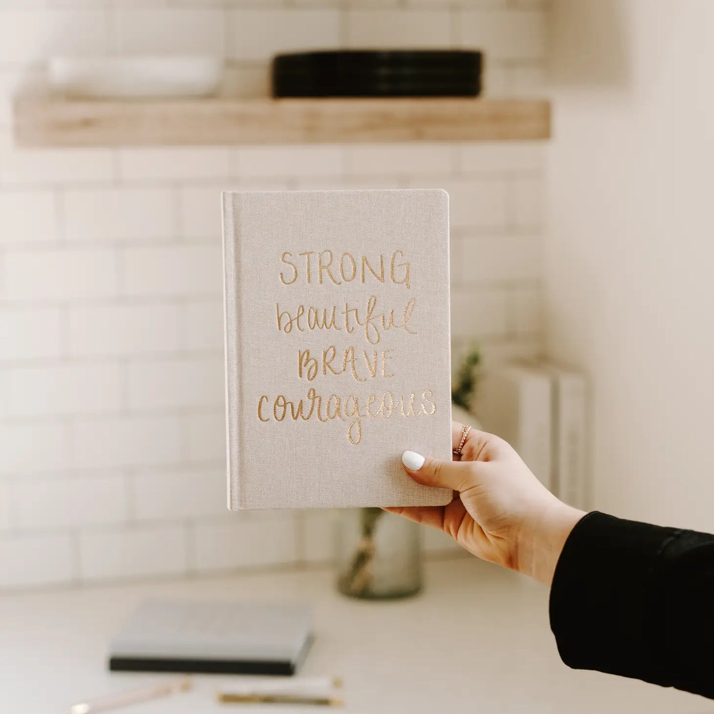 STRONG BEAUTIFUL BRAVE COURAGEOUS - TAN FABRIC JOURNAL