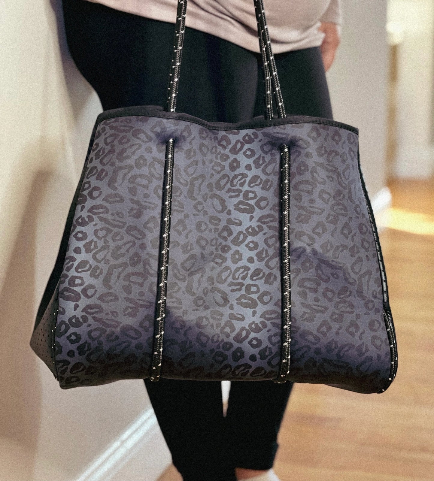 the Aniella Neoprene Tote - Navy and Black Leopard