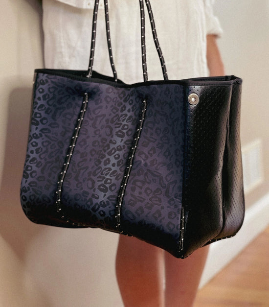 the Aniella Neoprene Tote - Navy and Black Leopard