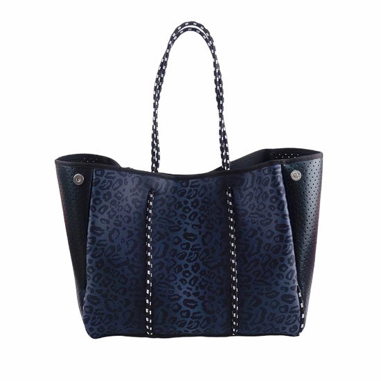 the Aniella Neoprene Tote - Navy and Black Leopard