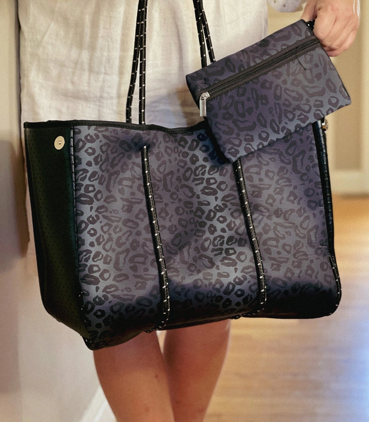 the Aniella Neoprene Tote - Navy and Black Leopard