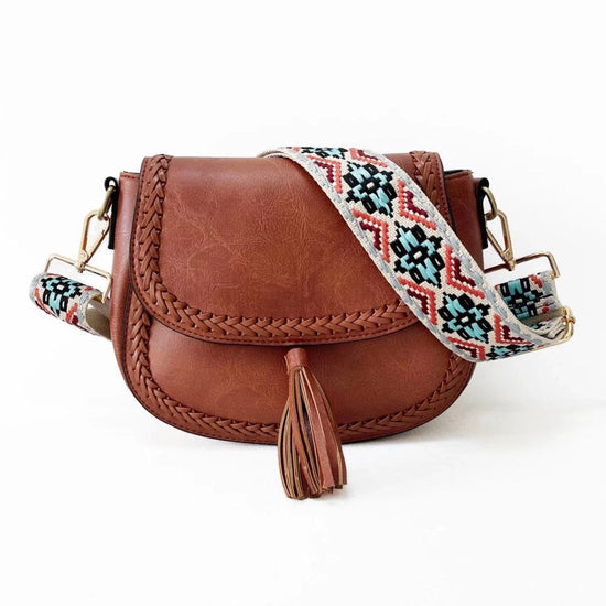 the Eva Saddle Crossbody Bag with Jacquard Strap - Brown