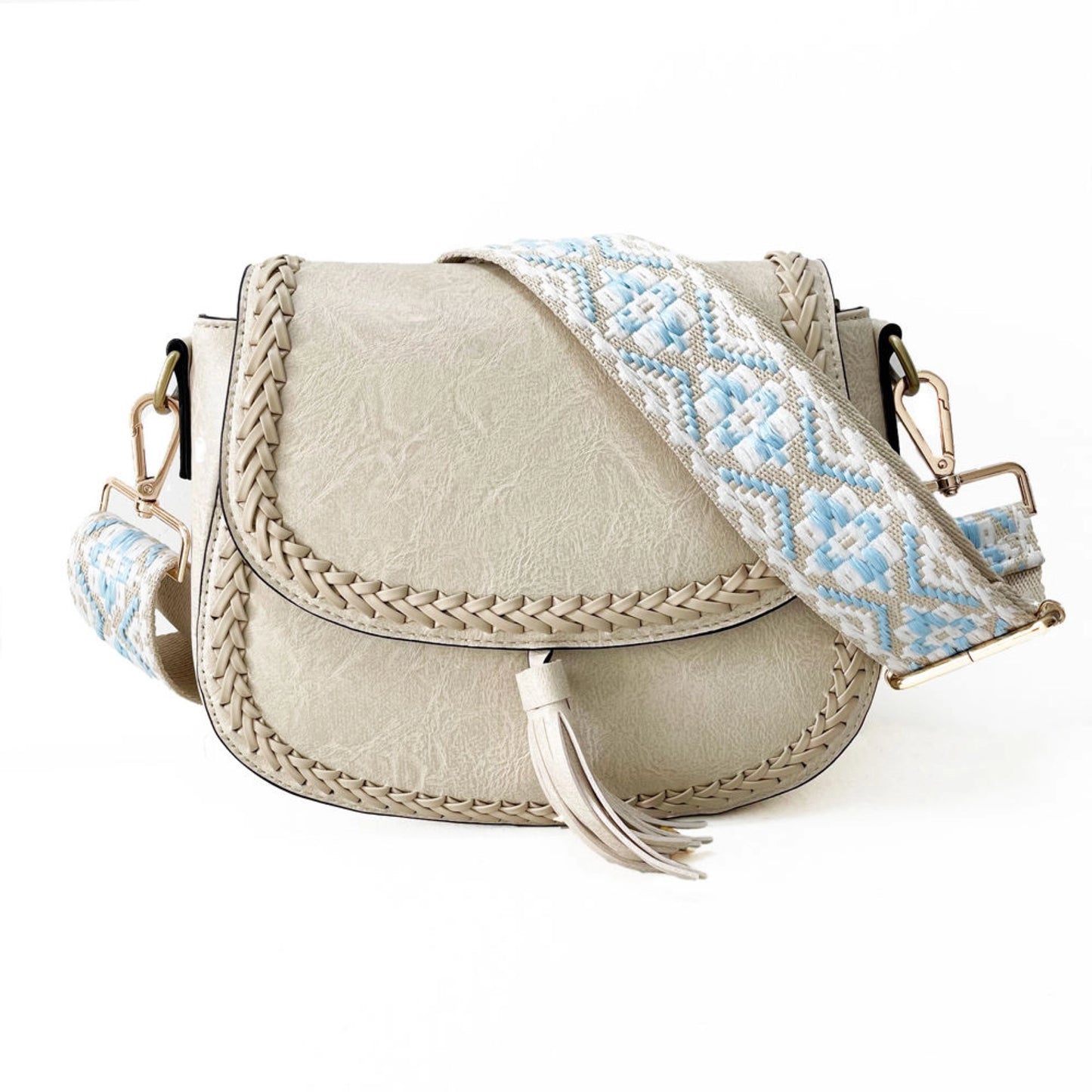 the Eva Saddle Crossbody Bag with Jacquard Strap - Ivory