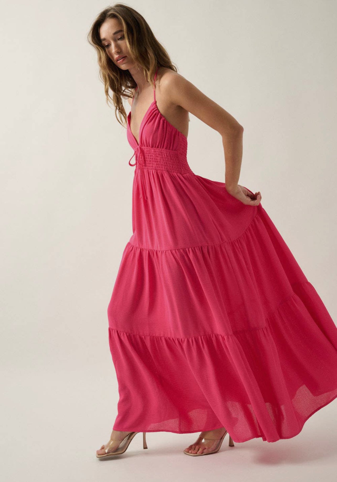 Beautiful You Tiered Crepe Halter Maxi Dress