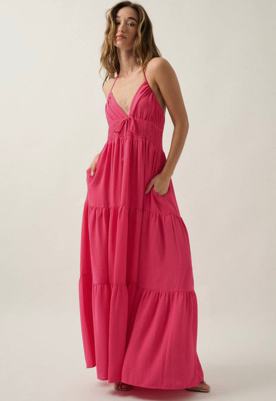 Beautiful You Tiered Crepe Halter Maxi Dress