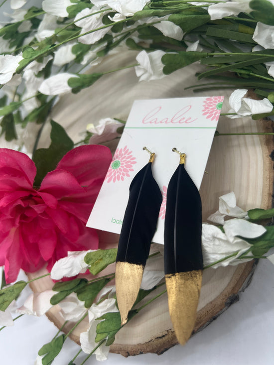 Gold Dipped Black Feather Earrings