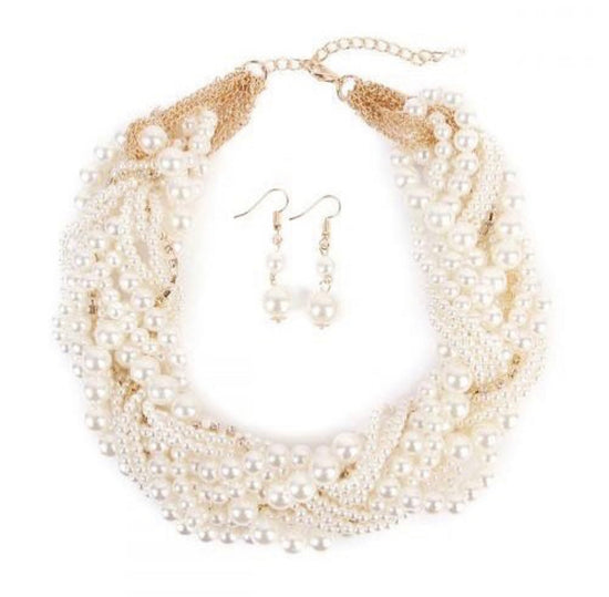 Gold & Pearl Collar Necklace with Matching Pearl Earrings