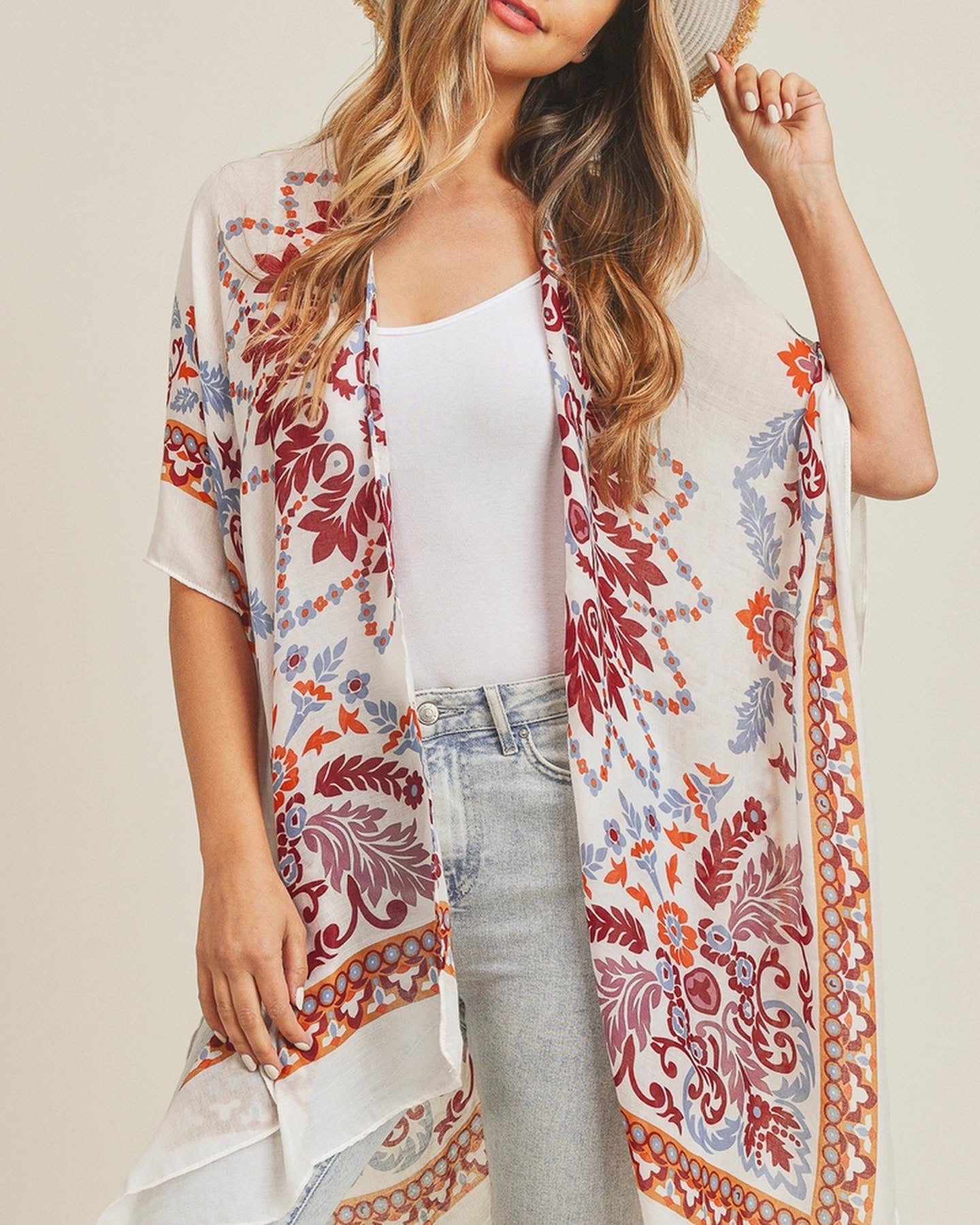 Bohemian Beige & Burgundy Kimono